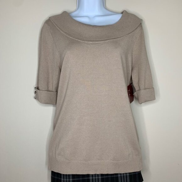 Tradition Women's Cowl Neck Sweater Top 3/4 Length Sleeve Stretch Taupe y2k - Picture 5 of 16